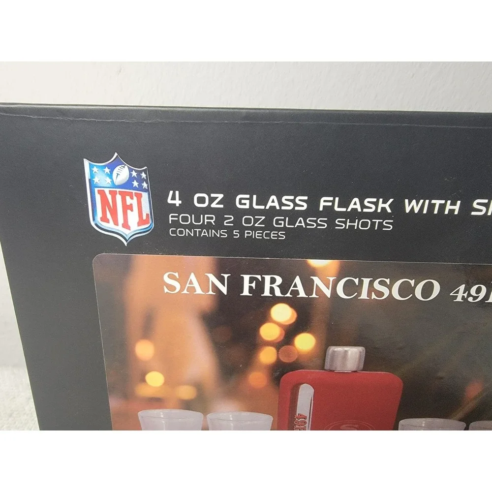 San Francisco 49ers Flask Shot Glass Set NIB 5 Pc NFL Glass Silicone Wrap Gift